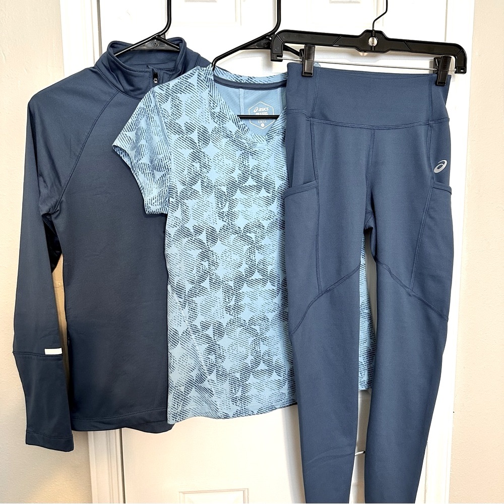 ASICS bundle athletic outfit 3pc leggings t shirt & 1/4 zip up pullover XS/S
